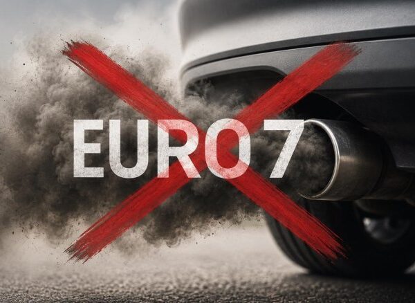 Pot d'échappement d'une voiture émettant de la fumée avec inscription EURO 7 barrée d'une croix rouge