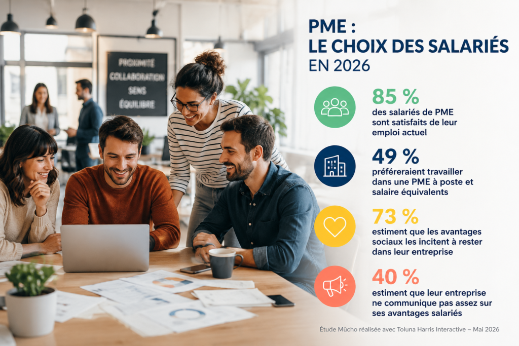 Infographie étude Mûcho 2026 : 85 % des salariés satisfaits en PME, statistiques préférence PME