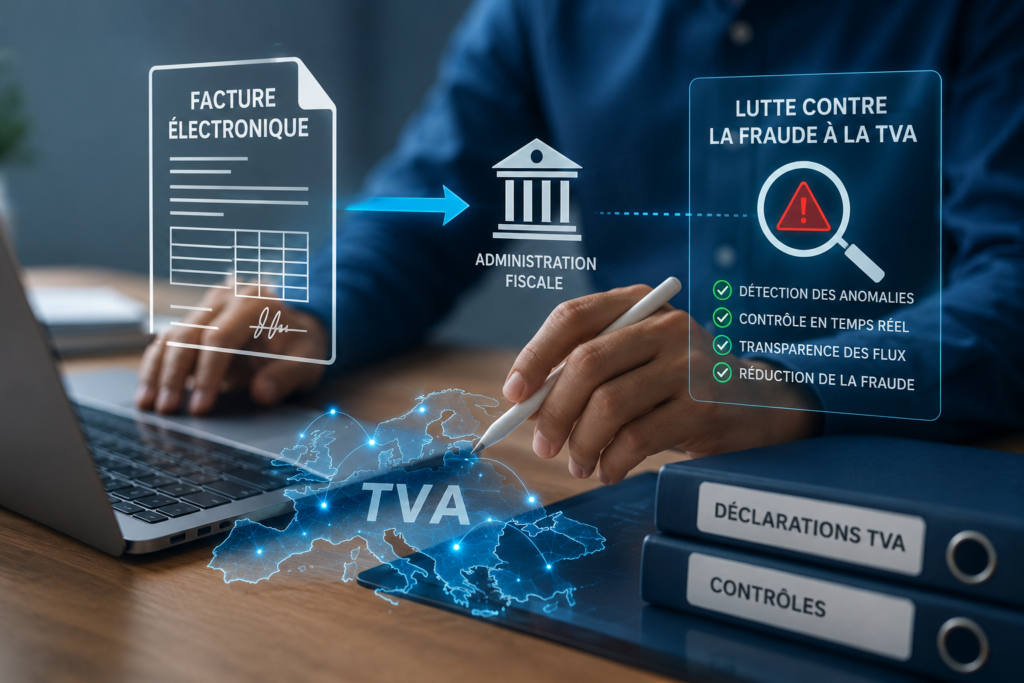 Infographie facturation électronique et lutte contre la fraude à la TVA avec administration fiscale