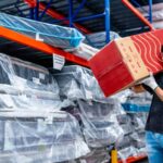 Jeune salarié portant un carton pendant un job d’été dans un entrepôt