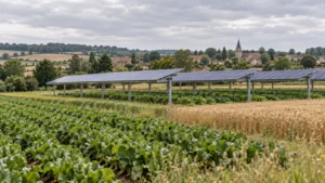 Agrivoltaïsme à Unet : illustration de panneaux solaires au-dessus de cultures près d’un village