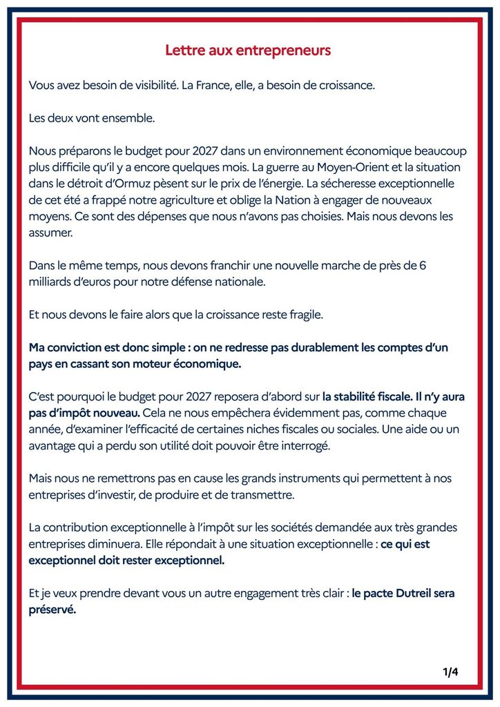 Budget 2027 : lettre de Sébastien Lecornu aux entrepreneurs 