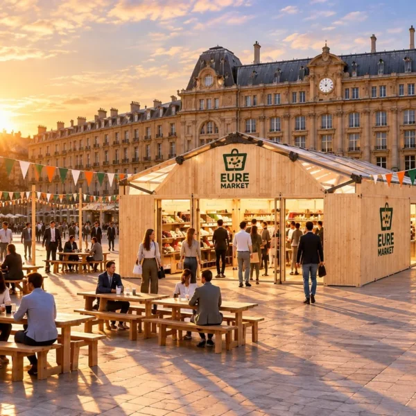 Eure Market à Saint-Lazare : projection non contractuelle du magasin éphémère sur la cour de Rome