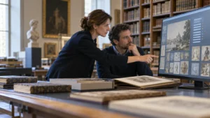 IA dans la culture : deux professionnels examinent la numérisation d’une collection patrimoniale Titre : IA dans la culture et numérisation du patrimoine