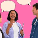 Inconfort au travail : trois personnes en conversation, illustration fournie par Preply