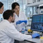 Laboratoire de biologie d’Anthropic illustrant l’analyse de séquences ADN par une intelligence artificielle