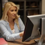 Ménopause au travail : photographie d’illustration d’une salariée devant son ordinateur