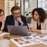 Publicité pour les lunettes : dirigeants d’un magasin d’optique préparant leur stratégie commerciale