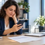 Salaire à la demande : salariée consultant son téléphone à son bureau, illustration du sondage Ifop pour Deel