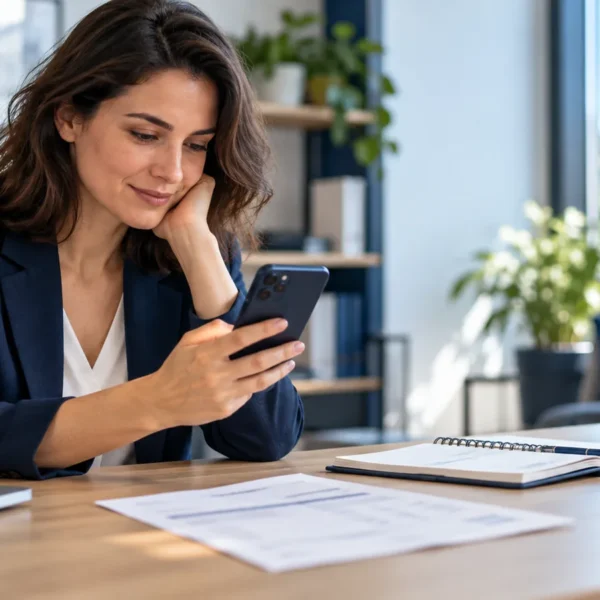 Salaire à la demande : salariée consultant son téléphone à son bureau, illustration du sondage Ifop pour Deel