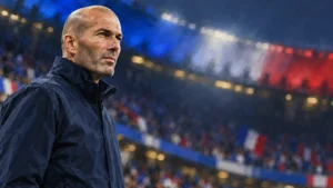 Illustration de Zinédine Zidane au bord d’un terrain, pour un article sur l’impact économique de son arrivée chez les Bleus