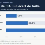 Graphique sur l’adoption de l’IA en France en 2025 : 15 % des petites entreprises, 30,8 % des moyennes et 58 % des grandes.