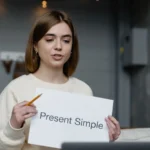 Une enseignante montre une fiche « Present Simple » devant un ordinateur portable.