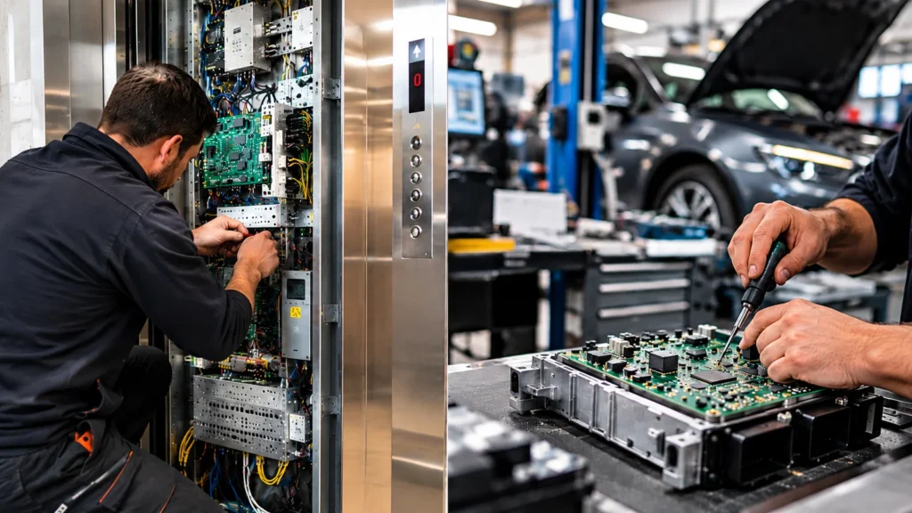 ASERTI rachète ADLC et REMAN : visuel de réparation électronique dans un ascenseur et un atelier automobile.