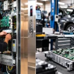 ASERTI rachète ADLC et REMAN : visuel de réparation électronique dans un ascenseur et un atelier automobile.
