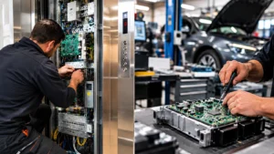 ASERTI rachète ADLC et REMAN : visuel de réparation électronique dans un ascenseur et un atelier automobile.