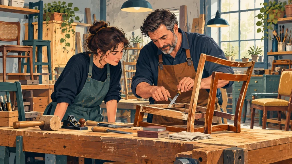 Emplois en insertion : illustration d’un accompagnement professionnel dans un atelier de rénovation de meubles.