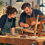 Emplois en insertion : illustration d’un accompagnement professionnel dans un atelier de rénovation de meubles.