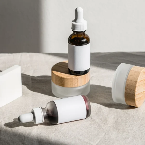 Deux flacons compte-gouttes et deux pots de soins cosmétiques sur un tissu clair.