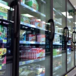 Portes vitrées et produits surgelés dans le rayon froid d’un supermarché