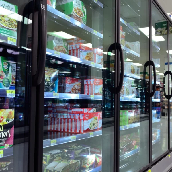 Portes vitrées et produits surgelés dans le rayon froid d’un supermarché
