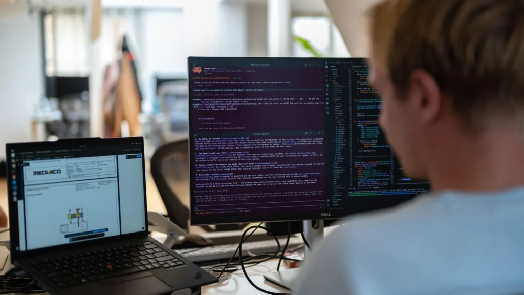 Une personne vue de dos travaille devant deux écrans affichant du code et un document technique.