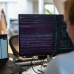Une personne vue de dos travaille devant deux écrans affichant du code et un document technique.