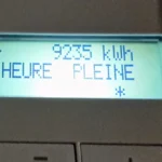 Écran d’un compteur Linky affichant un index en heures pleines, en illustration des heures creuses EDF.