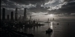 Ville de fiction au bord de l’eau, avec des gratte-ciel et un bateau sous un ciel sombre, dans un visuel d’INEVITABLE.