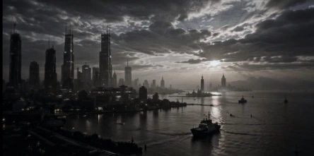 Ville de fiction au bord de l’eau, avec des gratte-ciel et un bateau sous un ciel sombre, dans un visuel d’INEVITABLE.