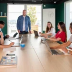 Six personnes réunies autour d’une table avec des ordinateurs portables dans un espace de coworking.
