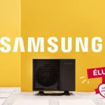 Pompe à chaleur Samsung devant une façade jaune, avec le logo Marque Préférée des Français