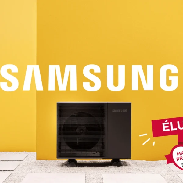 Pompe à chaleur Samsung devant une façade jaune, avec le logo Marque Préférée des Français