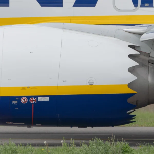 Moteur CFM LEAP-1B vu de côté sous l’aile d’un avion Ryanair.