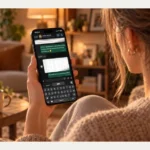 Femme assise sur un canapé, tenant un smartphone avec une messagerie et un clavier affichés à l’écran.
