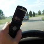 Téléphone au volant : un téléphone portable tenu en main devant le pare-brise.