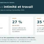 Infographie sur les toilettes au travail : gêne au bureau et activités professionnelles, avec les résultats du sondage OpinionWay.