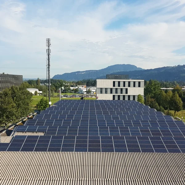 Transition énergétique : panneaux photovoltaïques sur une toiture du parc d’activités