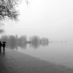 Deux personnes marchent sous des parapluies sur une promenade arborée au bord de l’eau, dans la brume.